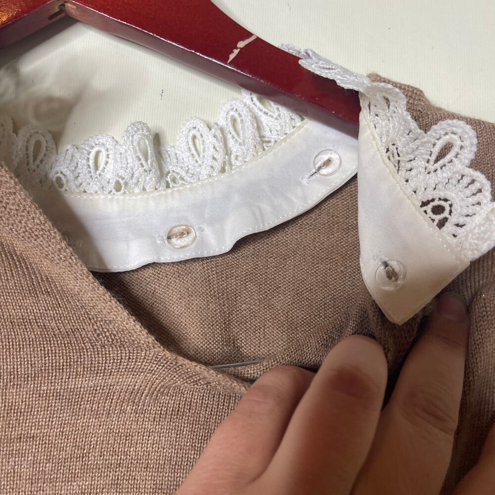 Sezane Eduardo camel latte merino wool jumper white lace collar XS - Picture 10 of 10